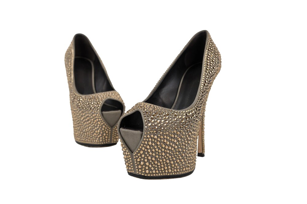 Giuseppe Zanotti Brown Bronze Peep Toe Platform Pumps Crystal-Embellished Suede